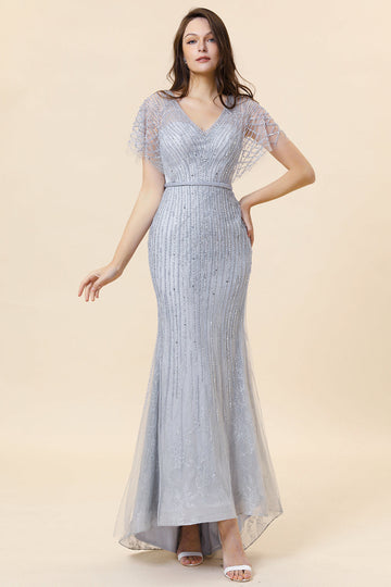 Vestido Largo de Noche Con Cuentas Sirena Gris